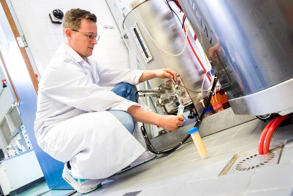 Onderzoeker Bram Visscher neemt een monster uit een bioreactor.