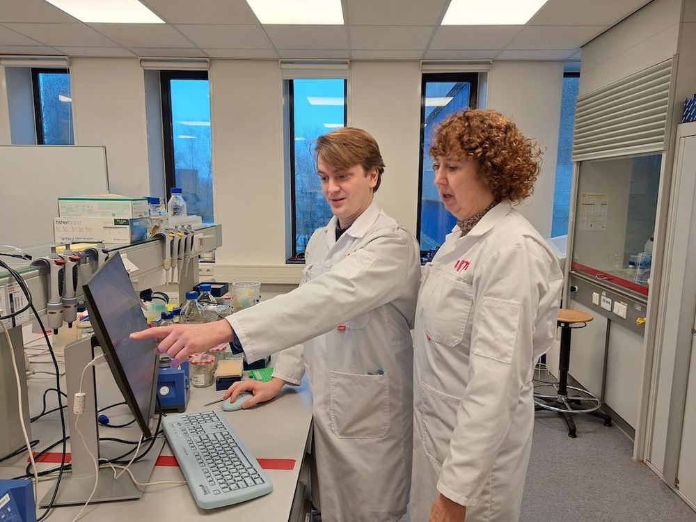 Docent-onderzoeker bio-informatica Peter Hoitinga legt aan lector Nelleke Kreike uit wat de nieuwste resultaten zijn van het bodemonderzoek.